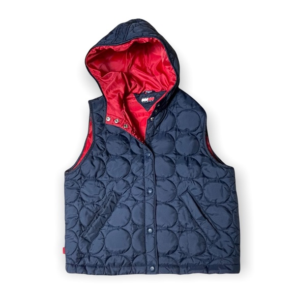 Vintage Tommy Hilfiger Light Weight Hooded Puffer Vest Navy Red Circle Pattern